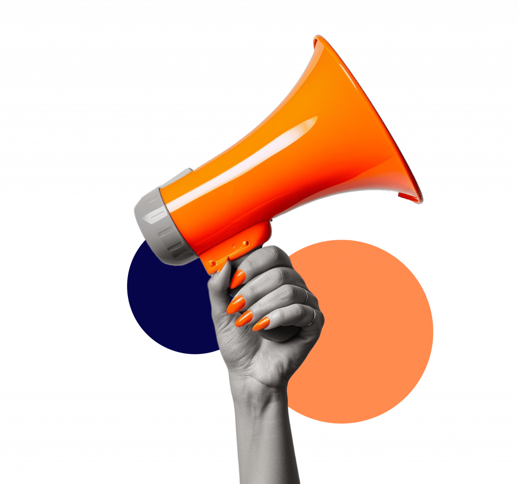 Hand holding an orange megaphone